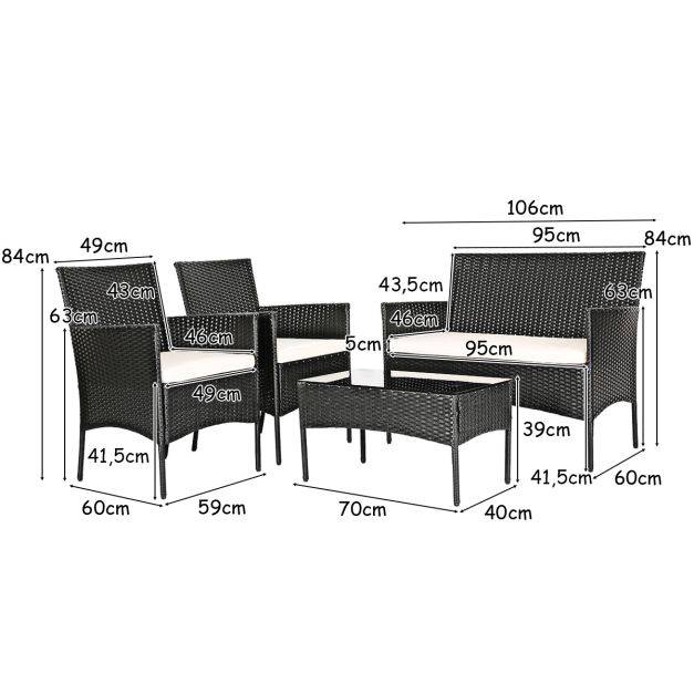 Helloshop26 - 4 pcs salon de jardin en rotin pe 4 personnes fauteuils avec coussins d'assise table basse en verre trempé marron+blanc - Image 5