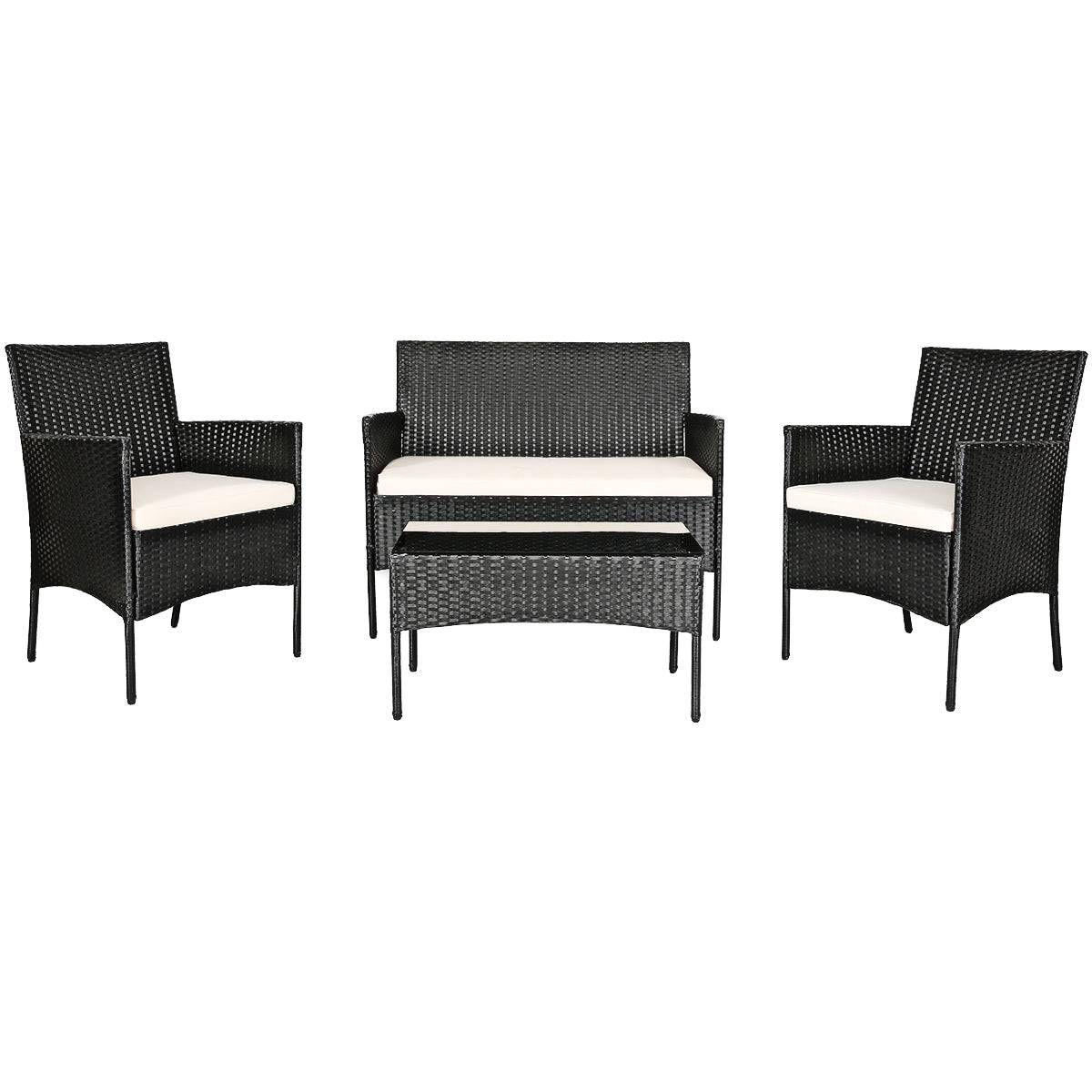 Helloshop26 - 4 pcs salon de jardin en rotin pe 4 personnes fauteuils avec coussins d'assise table basse en verre trempé marron+blanc - Image 1