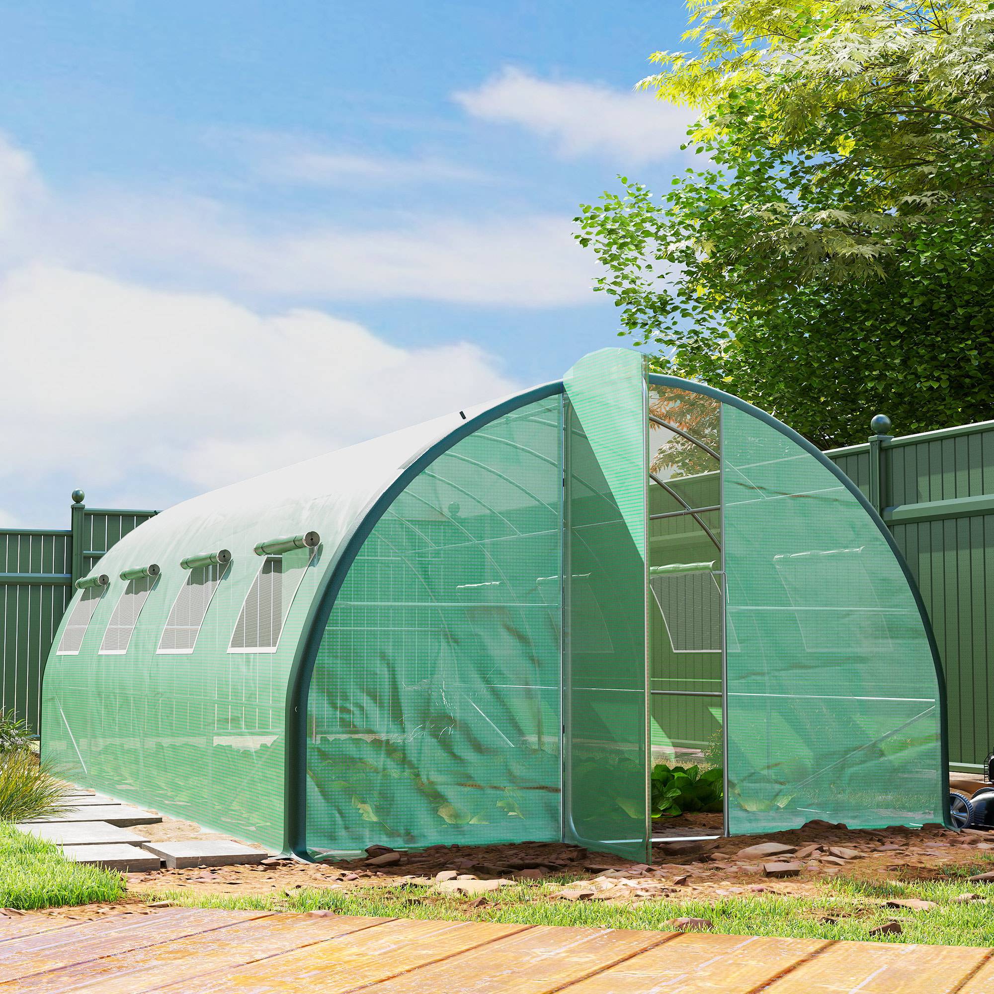 Serre de jardin tunnel serres tunnel 18 m² 8 fenêtres 2 portes articulées toile PE structure en fer galvanisé vert - Image 4