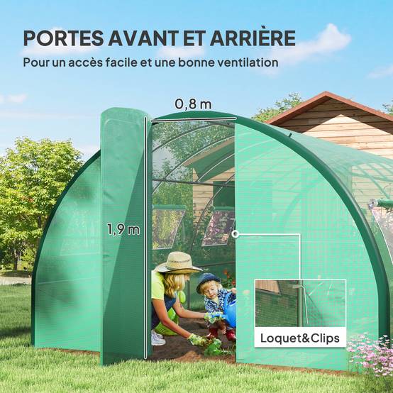 Serre de jardin tunnel serres tunnel 18 m² 8 fenêtres 2 portes articulées toile PE structure en fer galvanisé vert - Image 8