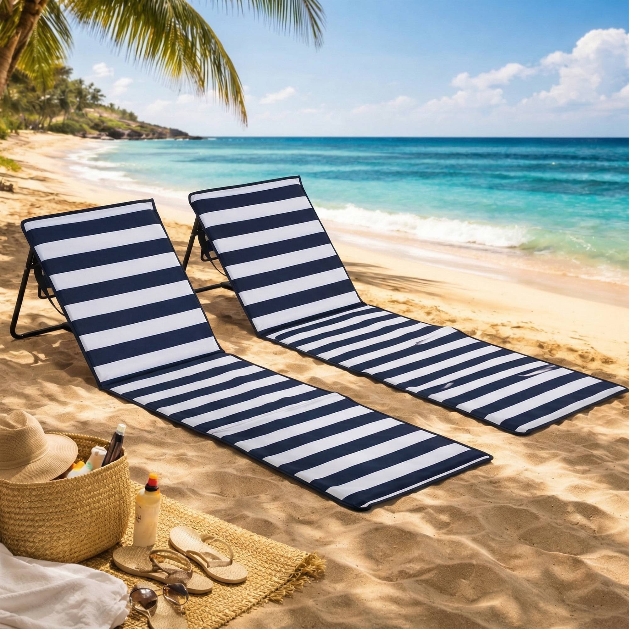 Lot de 2 tapis de plage pliables avec dossier inclinable et sangle de transport, 142 x 51 x 40 cm, blanc et bleu - Image 3