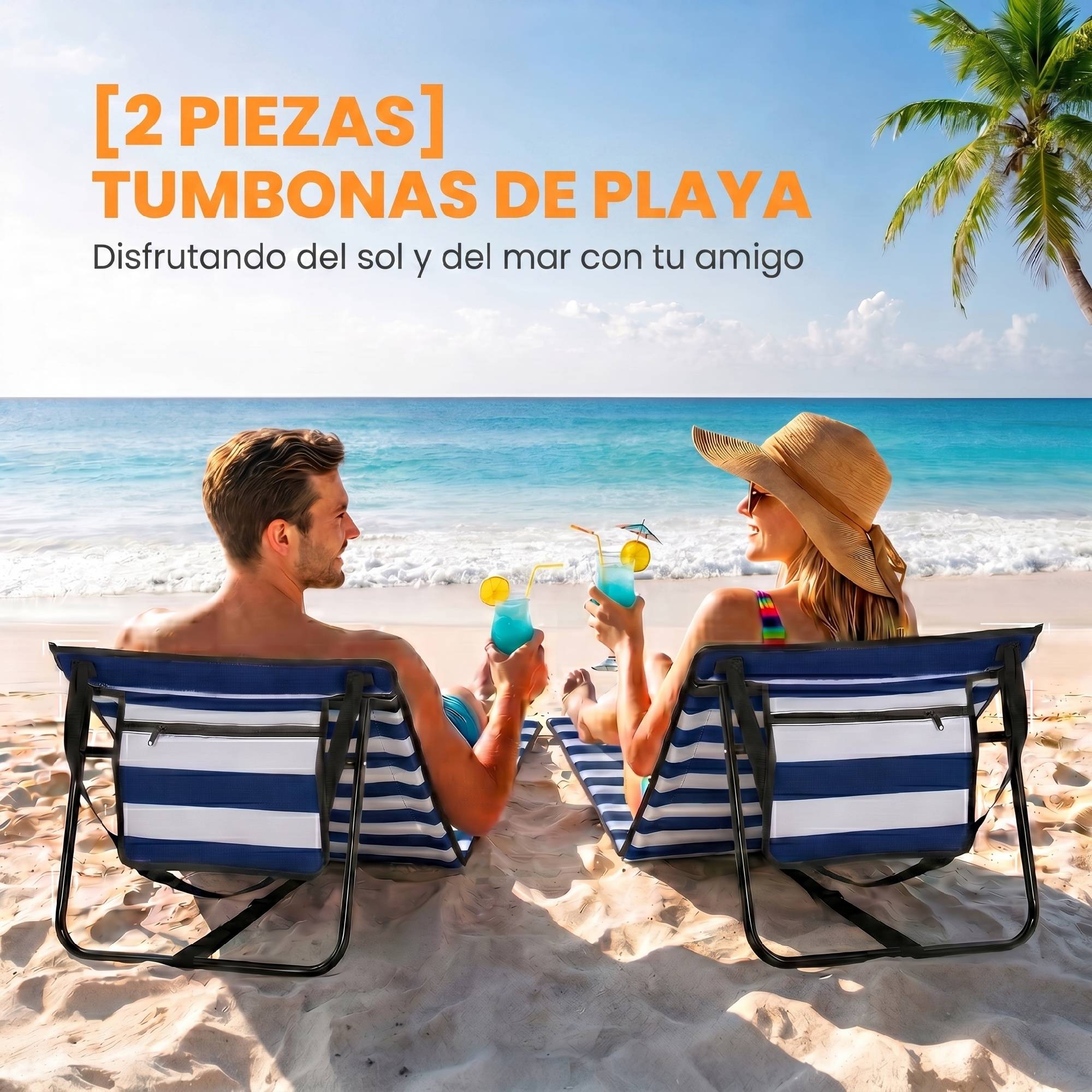 Lot de 2 tapis de plage pliables avec dossier inclinable et sangle de transport, 142 x 51 x 40 cm, blanc et bleu - Image 6