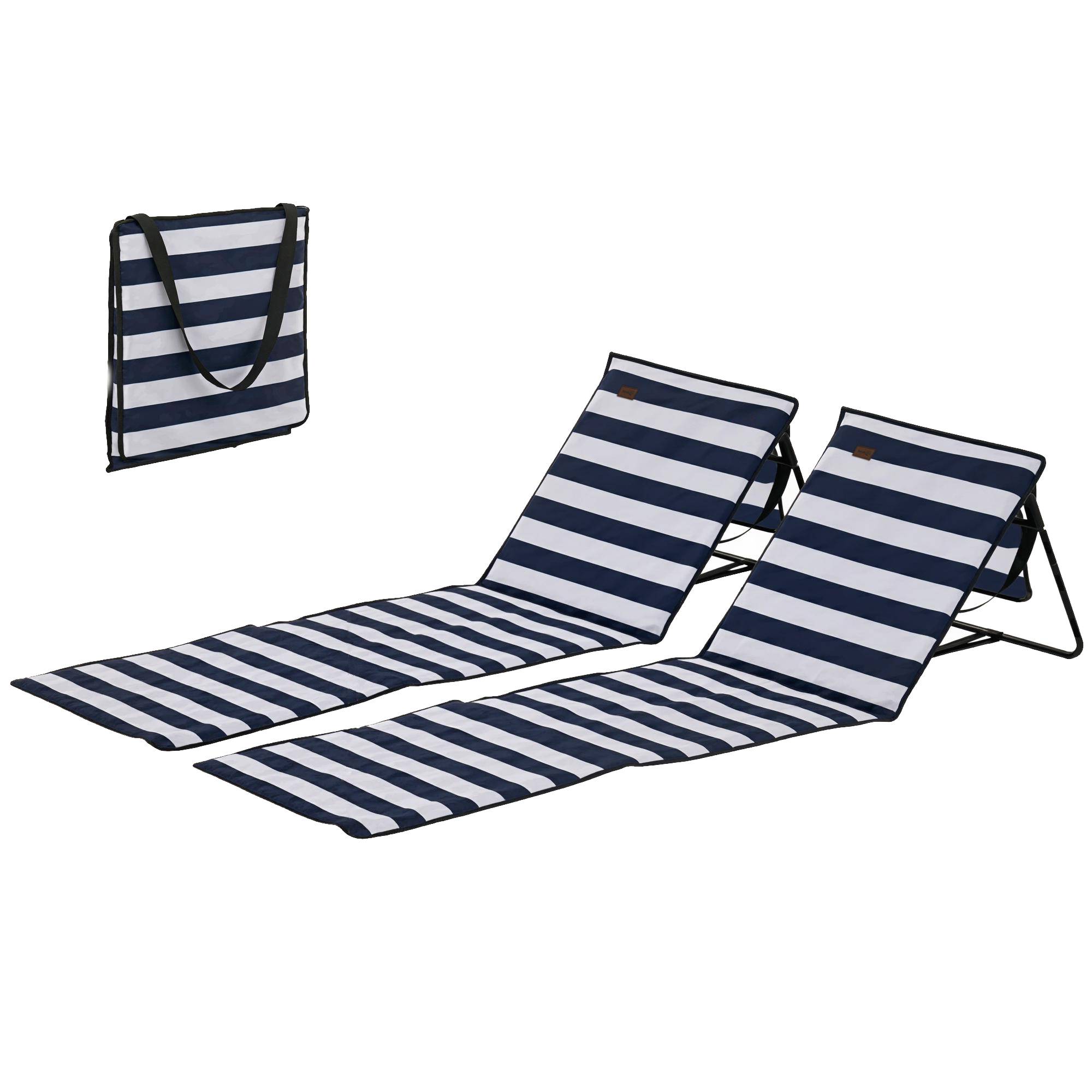 Lot de 2 tapis de plage pliables avec dossier inclinable et sangle de transport, 142 x 51 x 40 cm, blanc et bleu - Image 2
