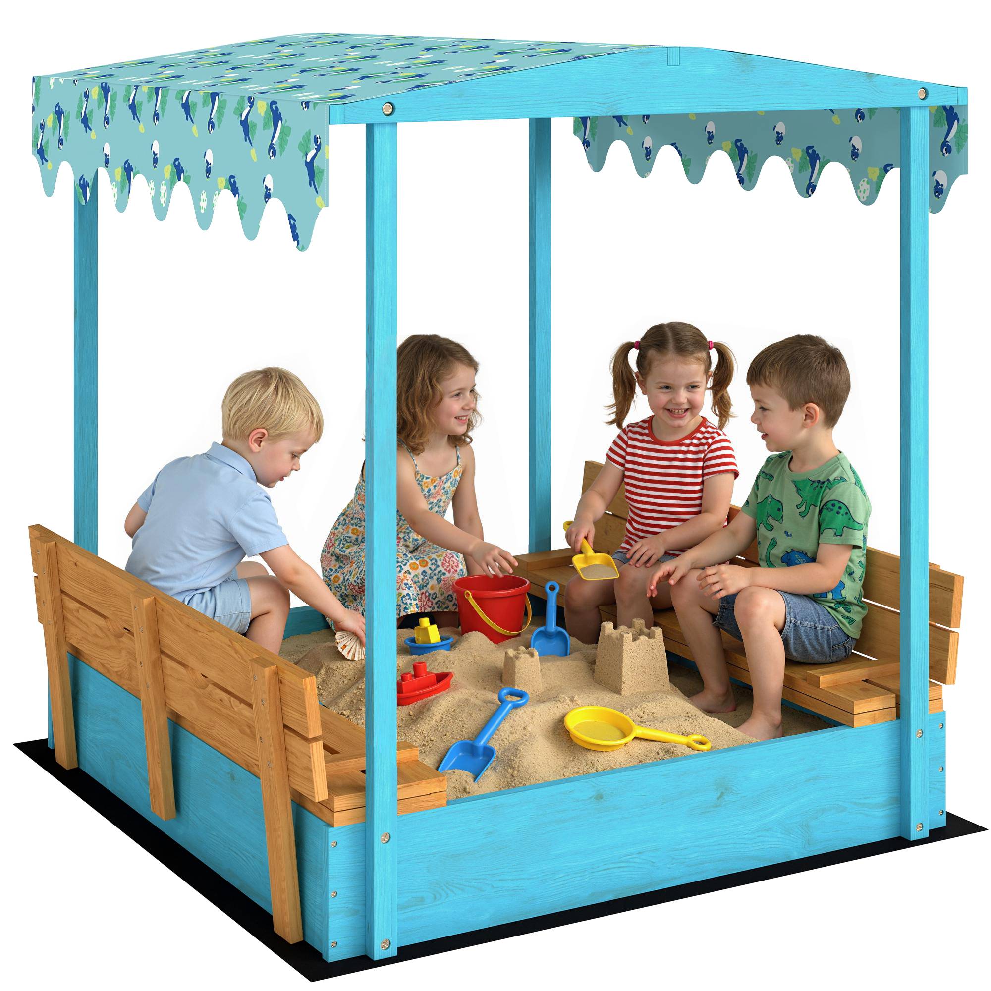 Bac à sable en bois avec couvercle, bac à sable enfant extérieur avec siège pliable toile imprimée flamants bleus - Image 1