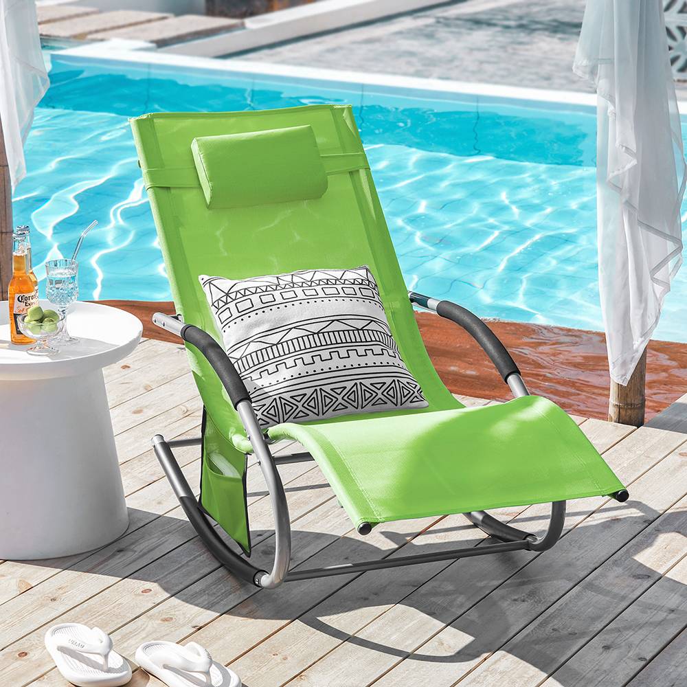 Lot de 2 Bain de Soleil Transat de Jardin avec Appui-tête et Pochette latérale et Repose-Pieds Vert L.150 x l.63 x H.87 cm SoBuy - Image 2