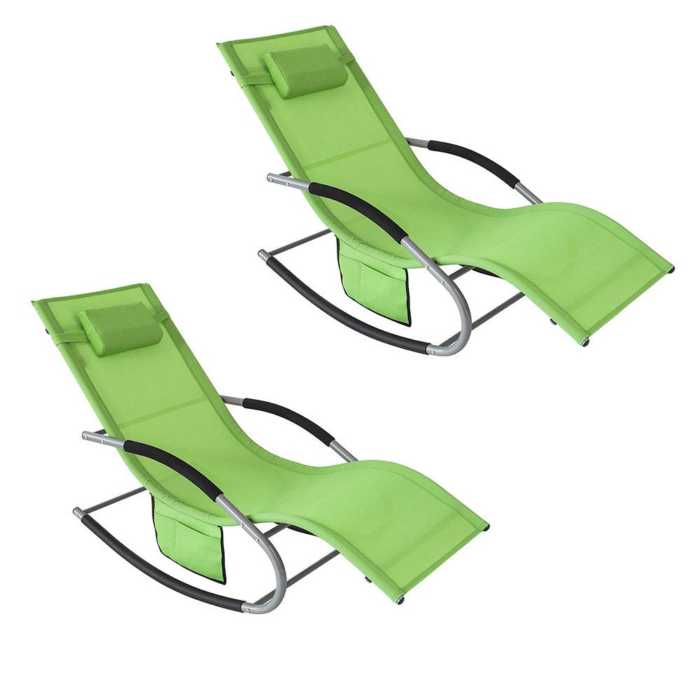 Lot de 2 Bain de Soleil Transat de Jardin avec Appui-tête et Pochette latérale et Repose-Pieds Vert L.150 x l.63 x H.87 cm SoBuy - Image 1