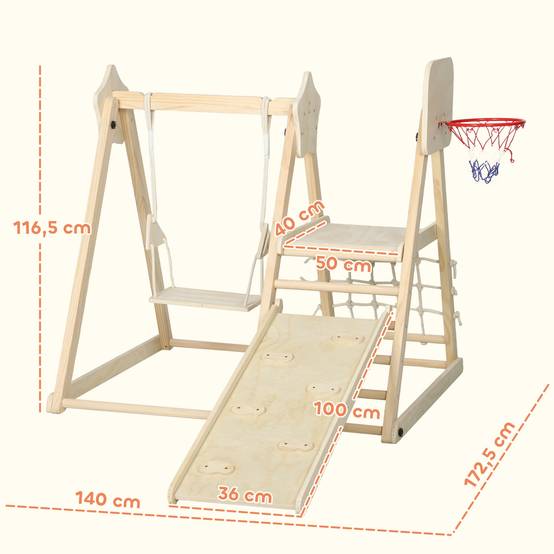 Structure de jeu 5-en-1 en bois naturel toboggan balançoire panier basket et filet escalade enfants - Image 5