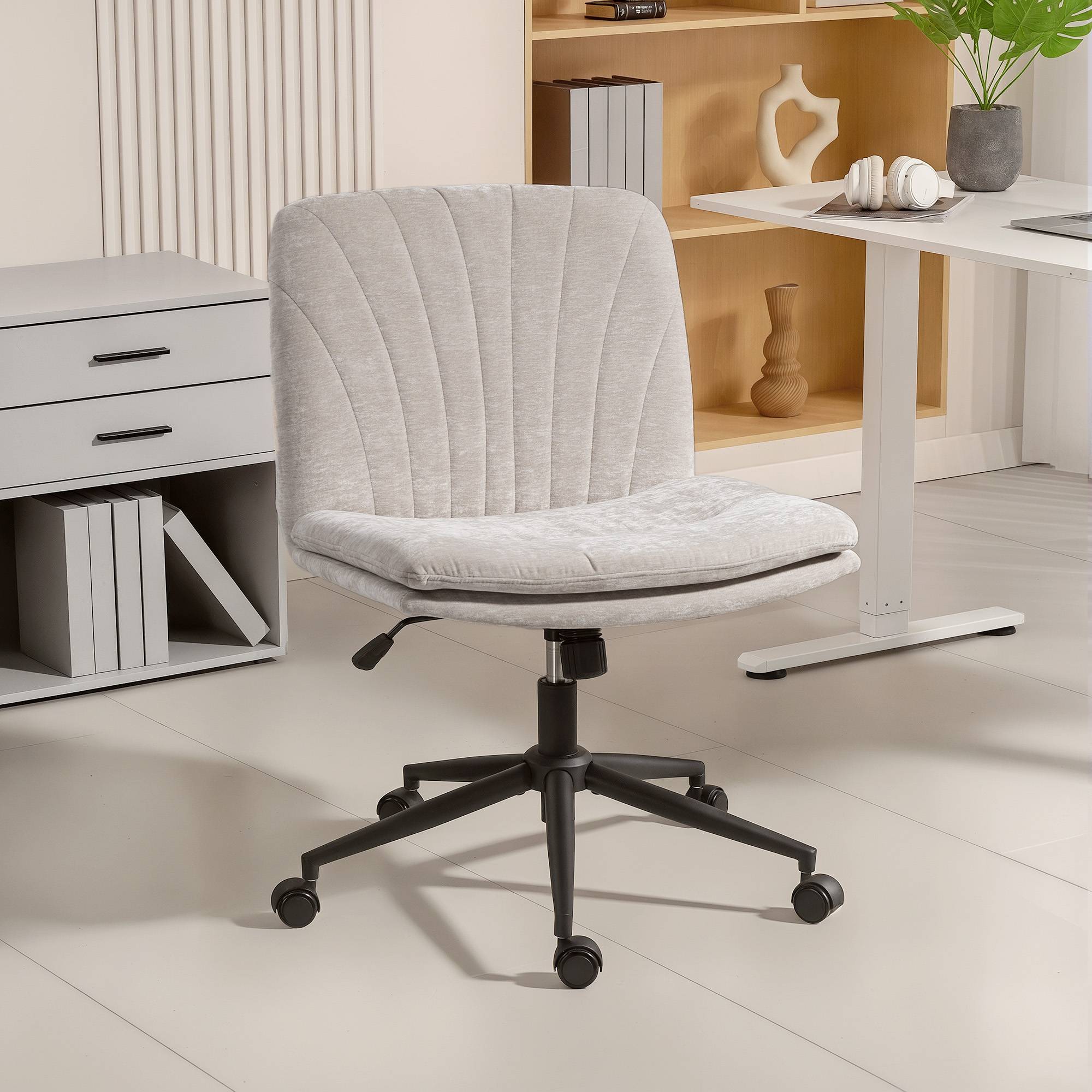 Sans Marque - Chaise de bureau sans accoudoirs, fauteuil de bureau en chenille, hauteur réglable, 62 x 67 x 83-93 cm, beige - Image 3
