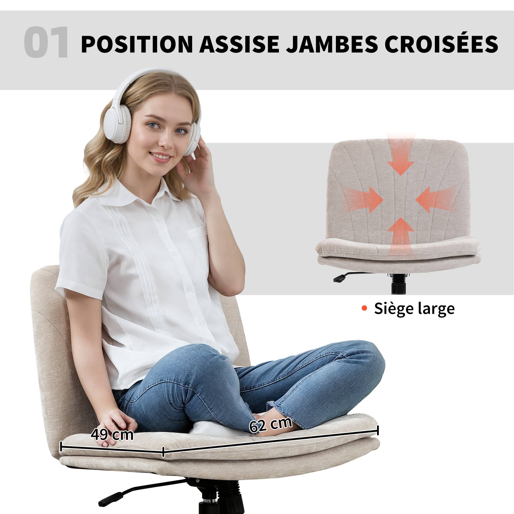 Sans Marque - Chaise de bureau sans accoudoirs, fauteuil de bureau en chenille, hauteur réglable, 62 x 67 x 83-93 cm, beige - Image 6