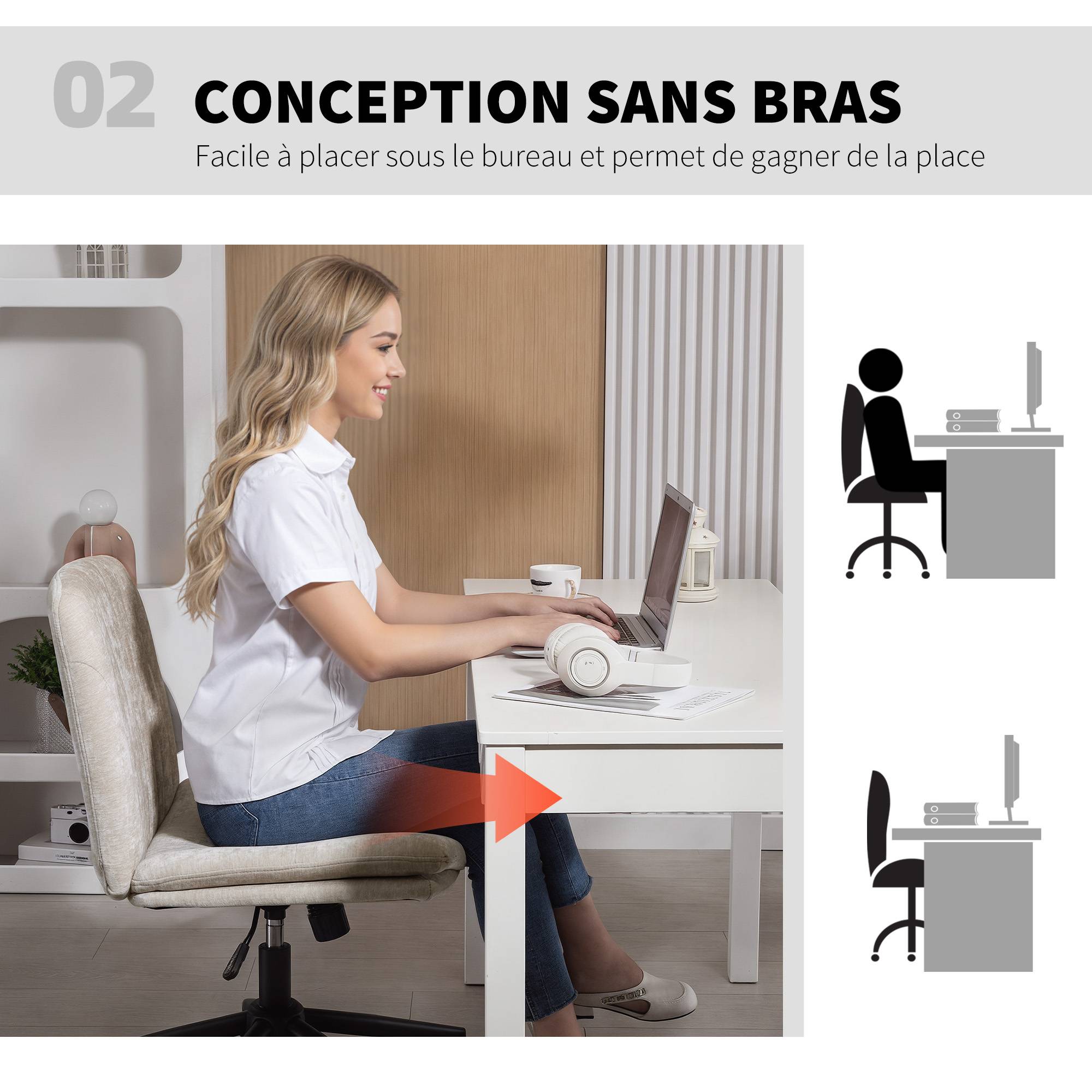 Sans Marque - Chaise de bureau sans accoudoirs, fauteuil de bureau en chenille, hauteur réglable, 62 x 67 x 83-93 cm, beige - Image 7