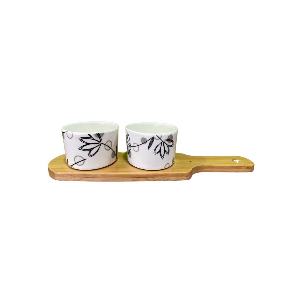 ~ Set apéritif tapas 2 verrines en bambou et céramique blanc et marron 26 x 9.5 cm Chemin de campagne - Image 1