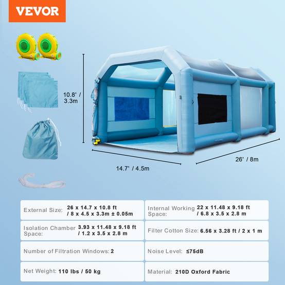 VEVOR Cabine de Peinture Gonflable 8x4,5x3,3 m, Oxford 210D, Filtration, 2 Souffleurs. - Image 7