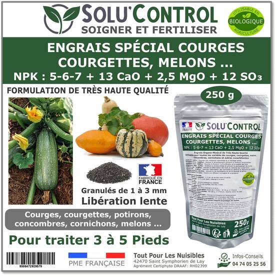 SOLU’CONTROL - 250 g Engrais Spécial Courges, courgettes et autres cucurbitacées - Formulation haute qualité Organo-Minerale - Image 1