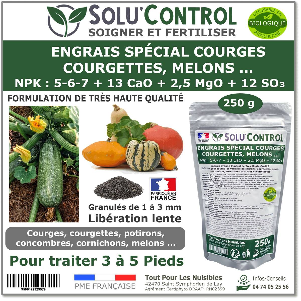 SOLU’CONTROL - 250 g Engrais Spécial Courges, courgettes et autres cucurbitacées - Formulation haute qualité Organo-Minerale - Image 1
