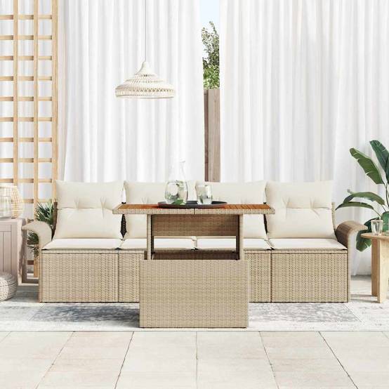 Canapé Modulable Coffre 5 pcs Polyrotin Beige & Bois Acacia Table Design – ComfortXL Outdoor Living - Image 3