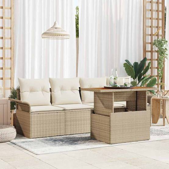 Canapé Modulable Coffre 5 pcs Polyrotin Beige & Bois Acacia Table Design – ComfortXL Outdoor Living - Image 1