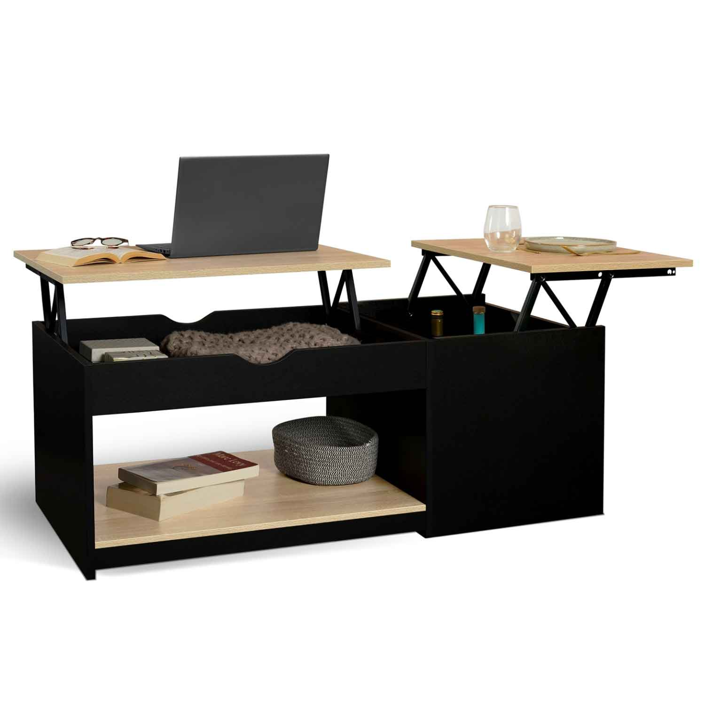 Table basse 2 plateaux relevables rectangulaire ELEA avec coffre bois noir et façon hêtre - Image 2