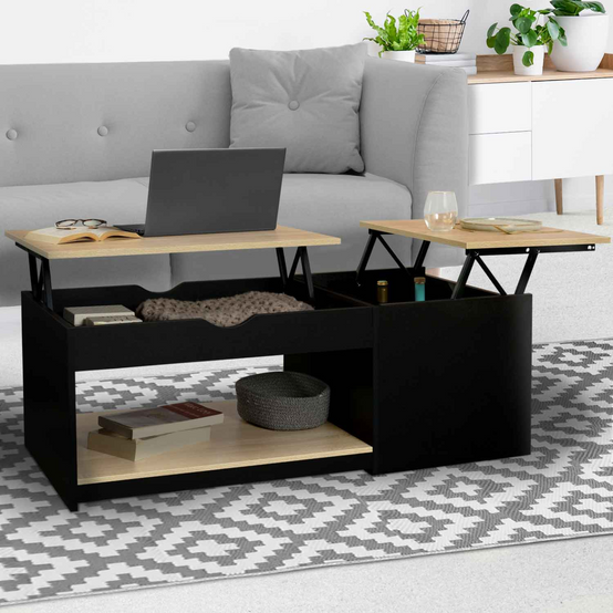 Table basse 2 plateaux relevables rectangulaire ELEA avec coffre bois noir et façon hêtre - Image 1