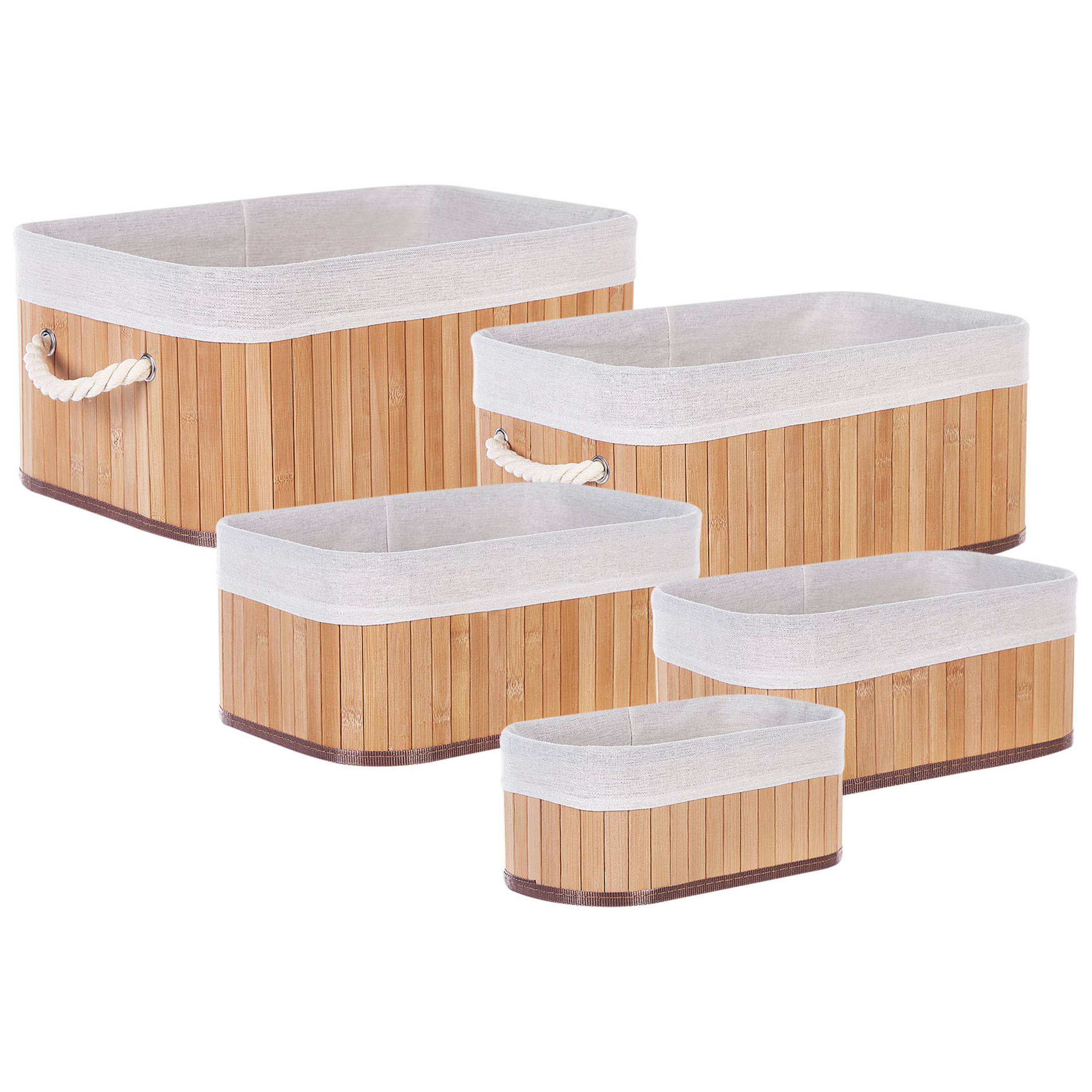 Paniers Teinte Bois Clair en Bambou Coton et Viscose Bacs Rangement à Linge Rectangle à Anses Pratiques pour Salle de Bains Lot de 5 - Image 1