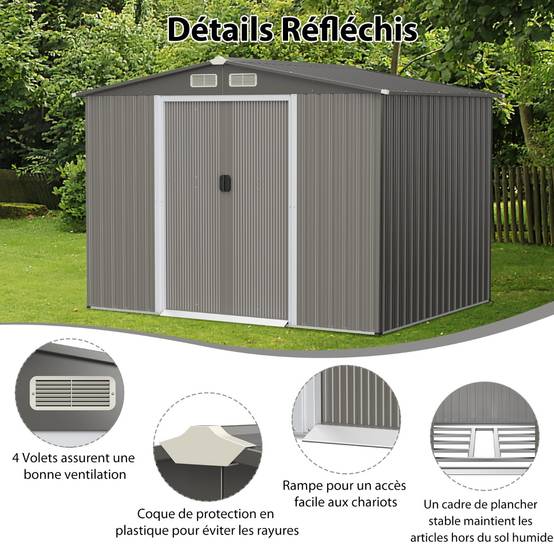 Abri de Jardin Métal Extérieur Acier Galvanisé avec Fondation 2 Portes 260x207x181cm Gris Foncé - Image 7
