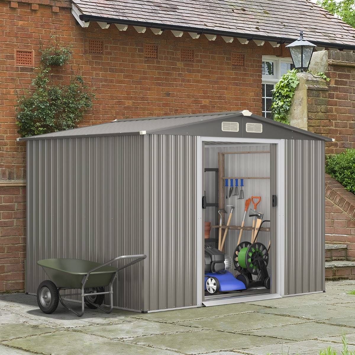 Abri de Jardin Métal Extérieur Acier Galvanisé avec Fondation 2 Portes 260x207x181cm Gris Foncé - Image 4