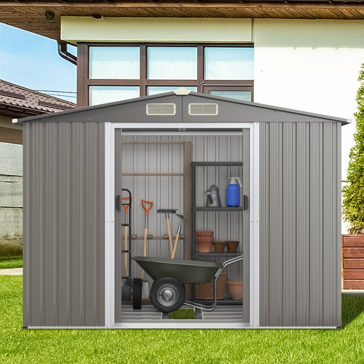Abri de Jardin Métal Extérieur Acier Galvanisé avec Fondation 2 Portes 260x207x181cm Gris Foncé - Image 3