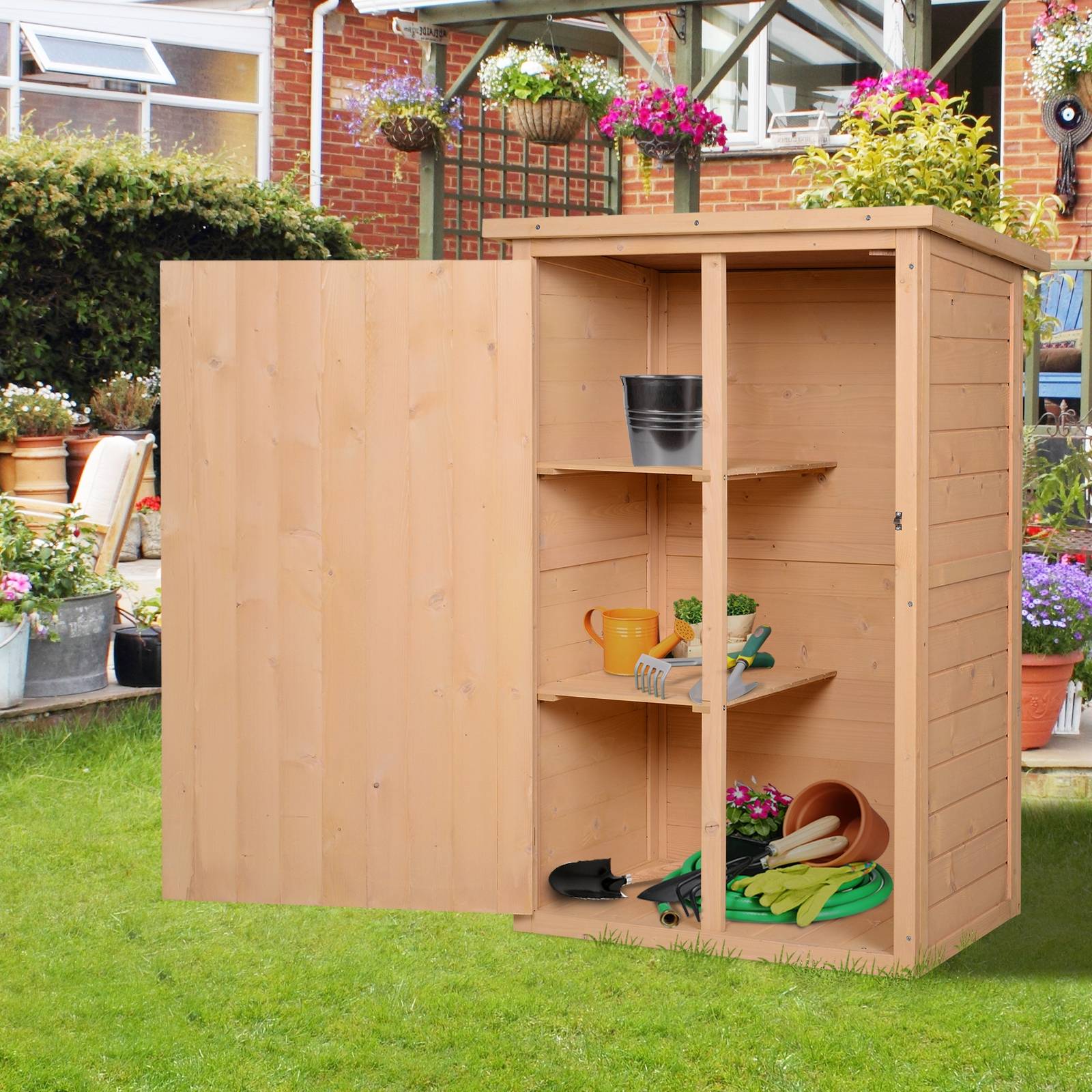 Outsunny - Armoire abri de Jardin 75x56x115cm Porte verrouillable 2 étagères Toit bitumé incliné Bois de Sapin - Outsunny - Image 2