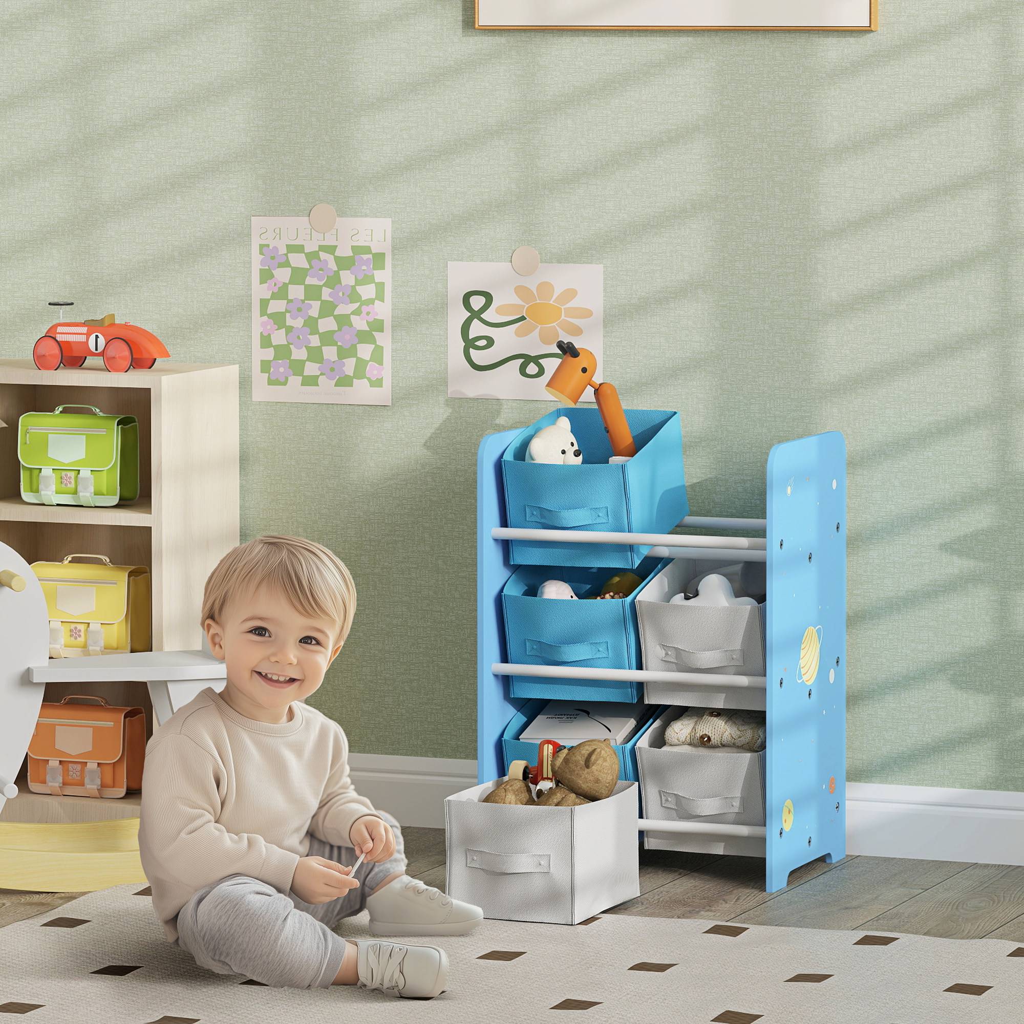 Étagère à livres pour enfants dès 3 ans, étagère à jouets avec 6 bacs en tissu non tissé, 43 x 30 x 60 cm, bleue - Image 3