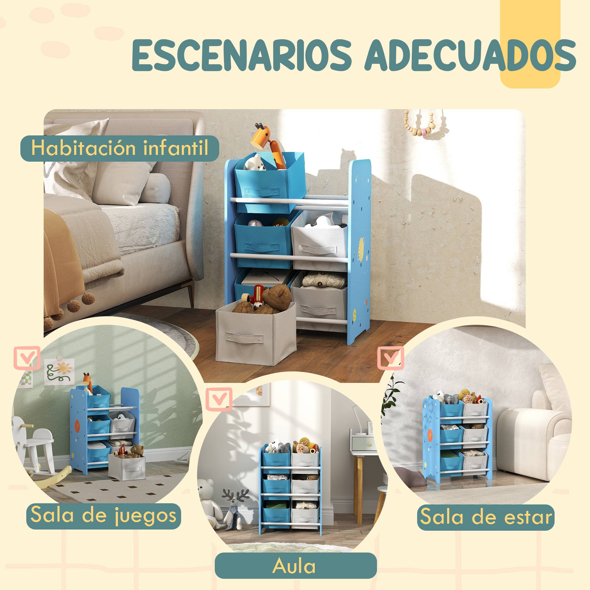 Étagère à livres pour enfants dès 3 ans, étagère à jouets avec 6 bacs en tissu non tissé, 43 x 30 x 60 cm, bleue - Image 8