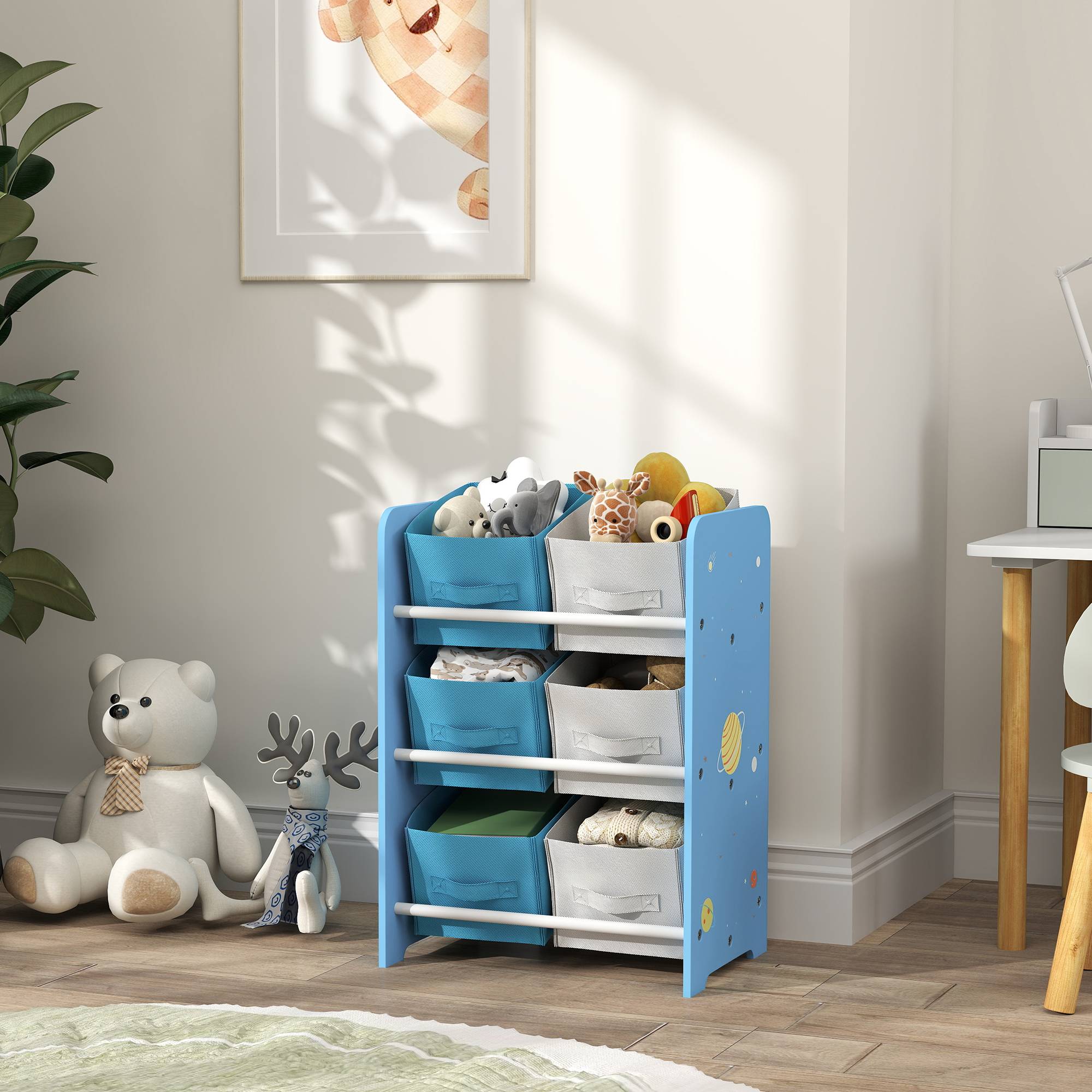 Étagère à livres pour enfants dès 3 ans, étagère à jouets avec 6 bacs en tissu non tissé, 43 x 30 x 60 cm, bleue - Image 4