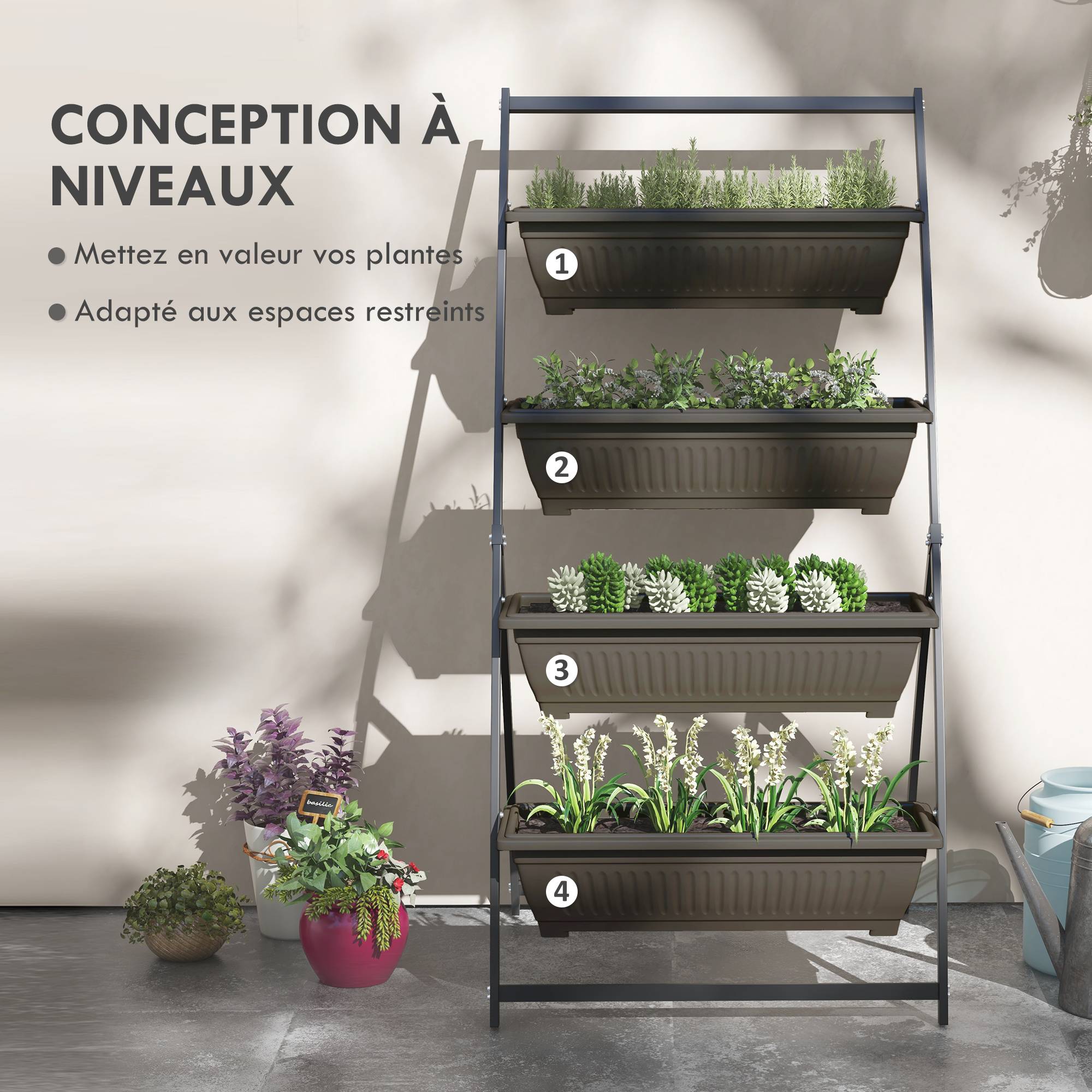 Étagère à Fleurs en Acier 4 Niveaux, Support de Plantes Vertical avec 4 Bacs et Trous de Drainage, 76x79x162cm, Marron - Image 6