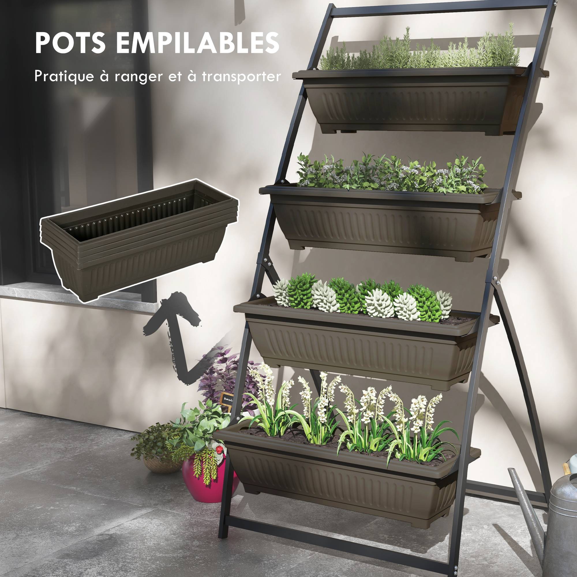 Étagère à Fleurs en Acier 4 Niveaux, Support de Plantes Vertical avec 4 Bacs et Trous de Drainage, 76x79x162cm, Marron - Image 9