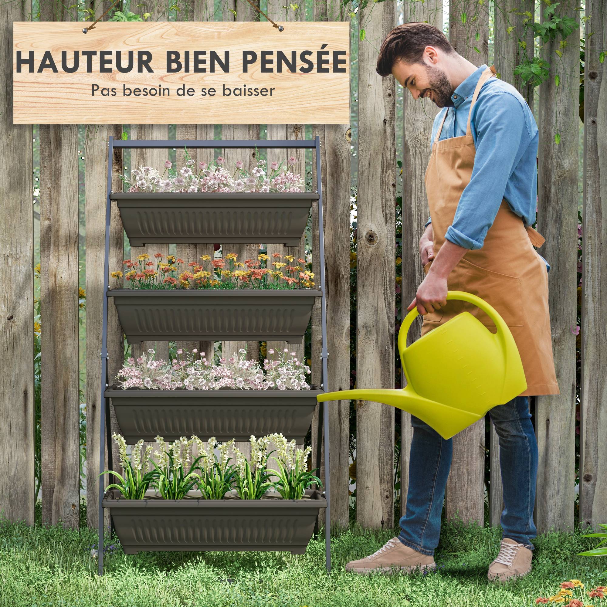 Étagère à Fleurs en Acier 4 Niveaux, Support de Plantes Vertical avec 4 Bacs et Trous de Drainage, 76x79x162cm, Marron - Image 7