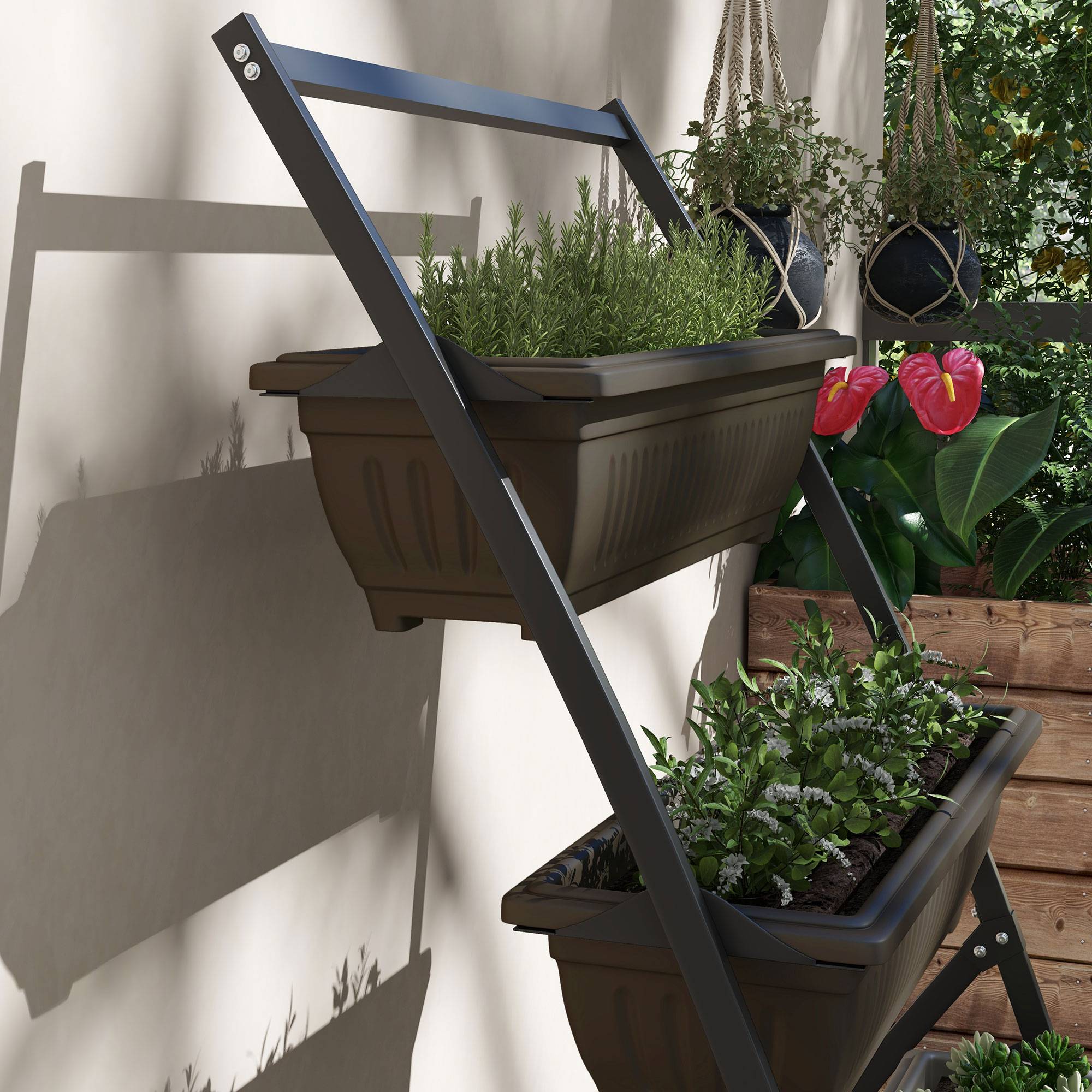 Étagère à Fleurs en Acier 4 Niveaux, Support de Plantes Vertical avec 4 Bacs et Trous de Drainage, 76x79x162cm, Marron - Image 10