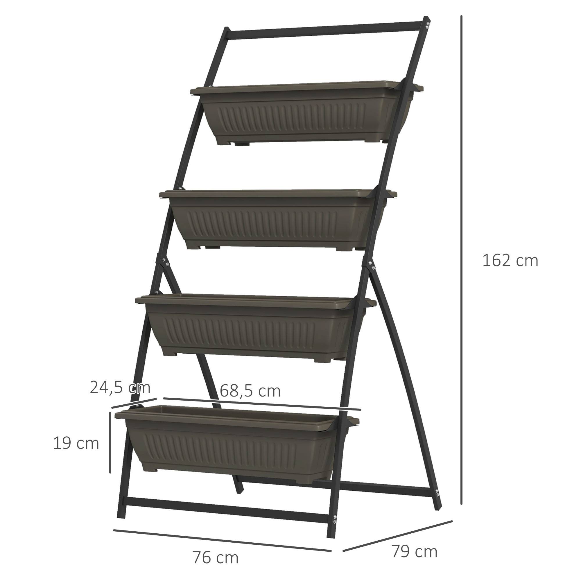 Étagère à Fleurs en Acier 4 Niveaux, Support de Plantes Vertical avec 4 Bacs et Trous de Drainage, 76x79x162cm, Marron - Image 5