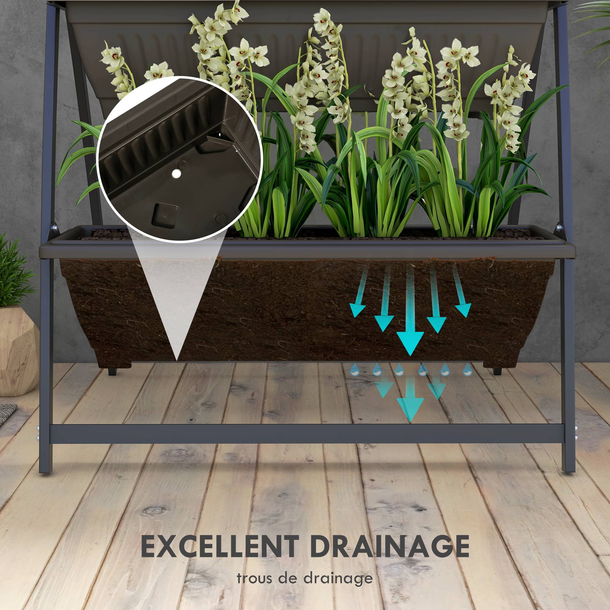 Étagère à Fleurs en Acier 4 Niveaux, Support de Plantes Vertical avec 4 Bacs et Trous de Drainage, 76x79x162cm, Marron - Image 8