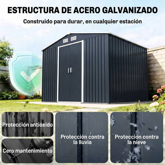 Abri de jardin 4,9 m² 277 x 195 x 192 cm avec 2 portes coulissantes, base renforcée (plancher non inclus), gris foncé - Image 6