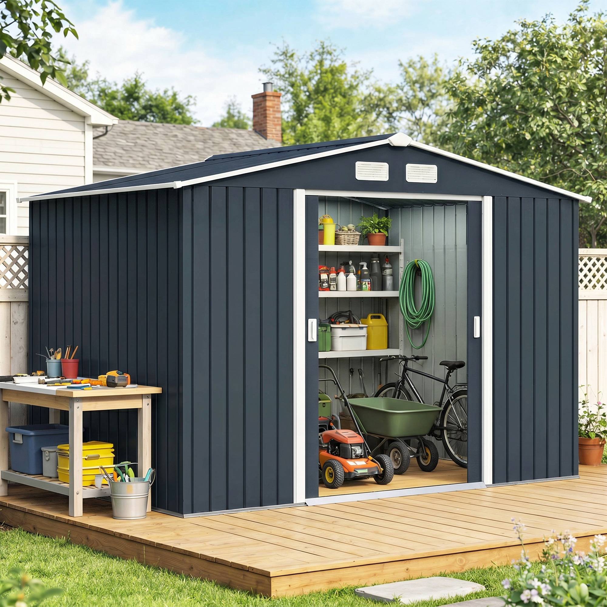 Abri de jardin 4,9 m² 277 x 195 x 192 cm avec 2 portes coulissantes, base renforcée (plancher non inclus), gris foncé - Image 4