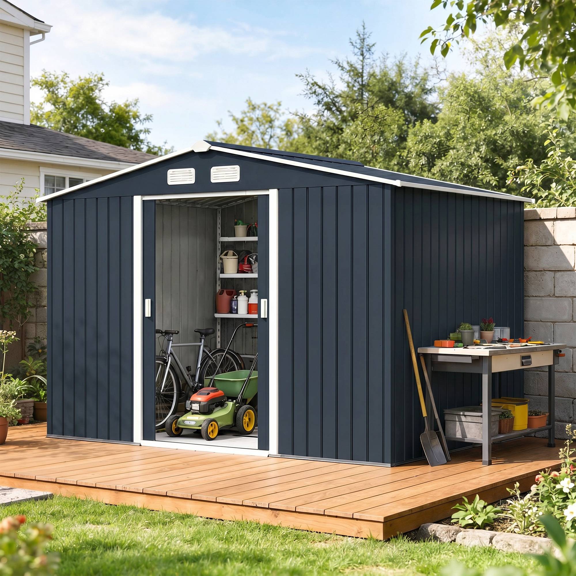 Abri de jardin 4,9 m² 277 x 195 x 192 cm avec 2 portes coulissantes, base renforcée (plancher non inclus), gris foncé - Image 3