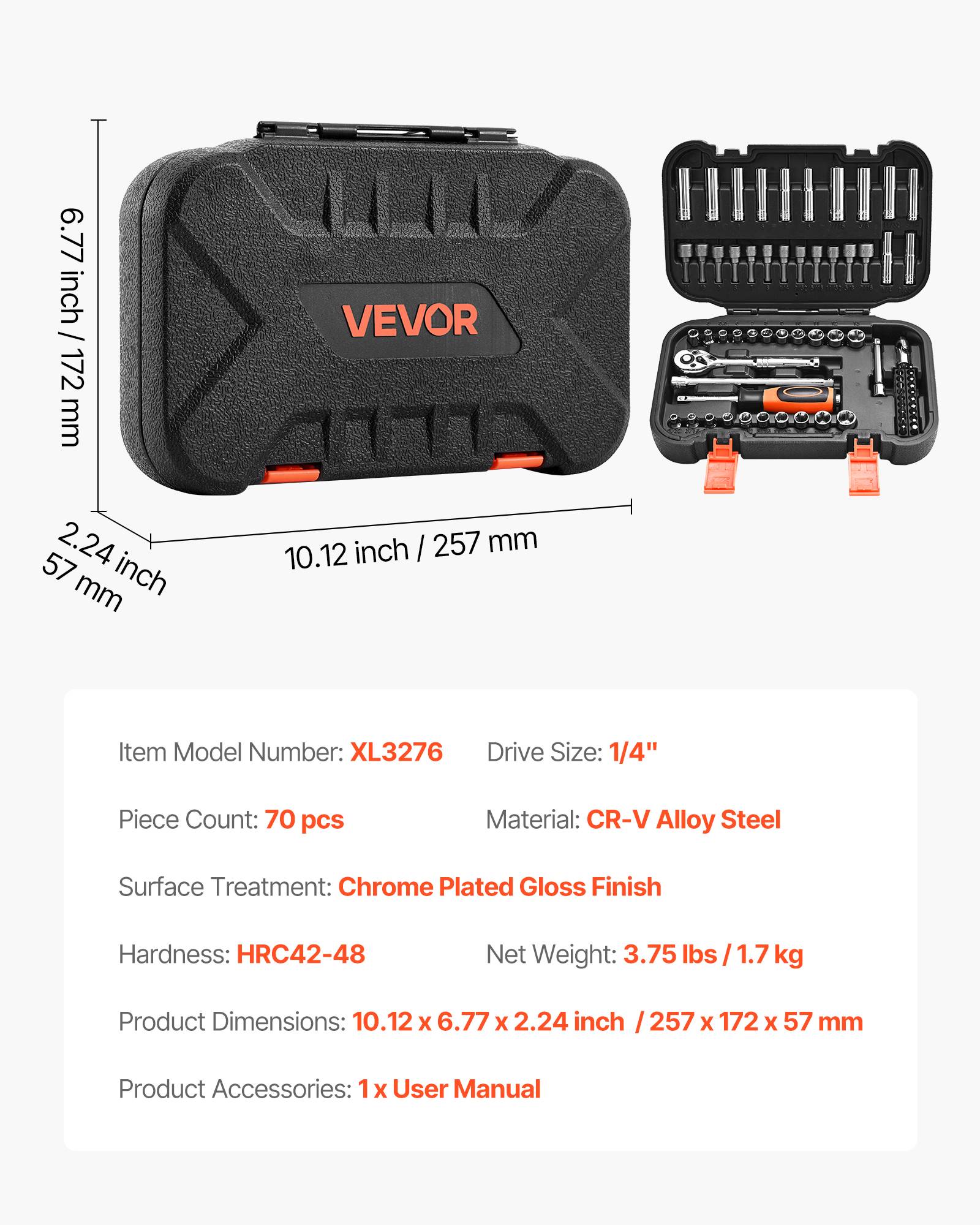Vevor - VEVOR Jeu de douilles SAE et métriques 70 pcs, douilles profondes/peu profondes, clé à cliquet 1/4" en acier CR-V, coffret résistant. - Image 6