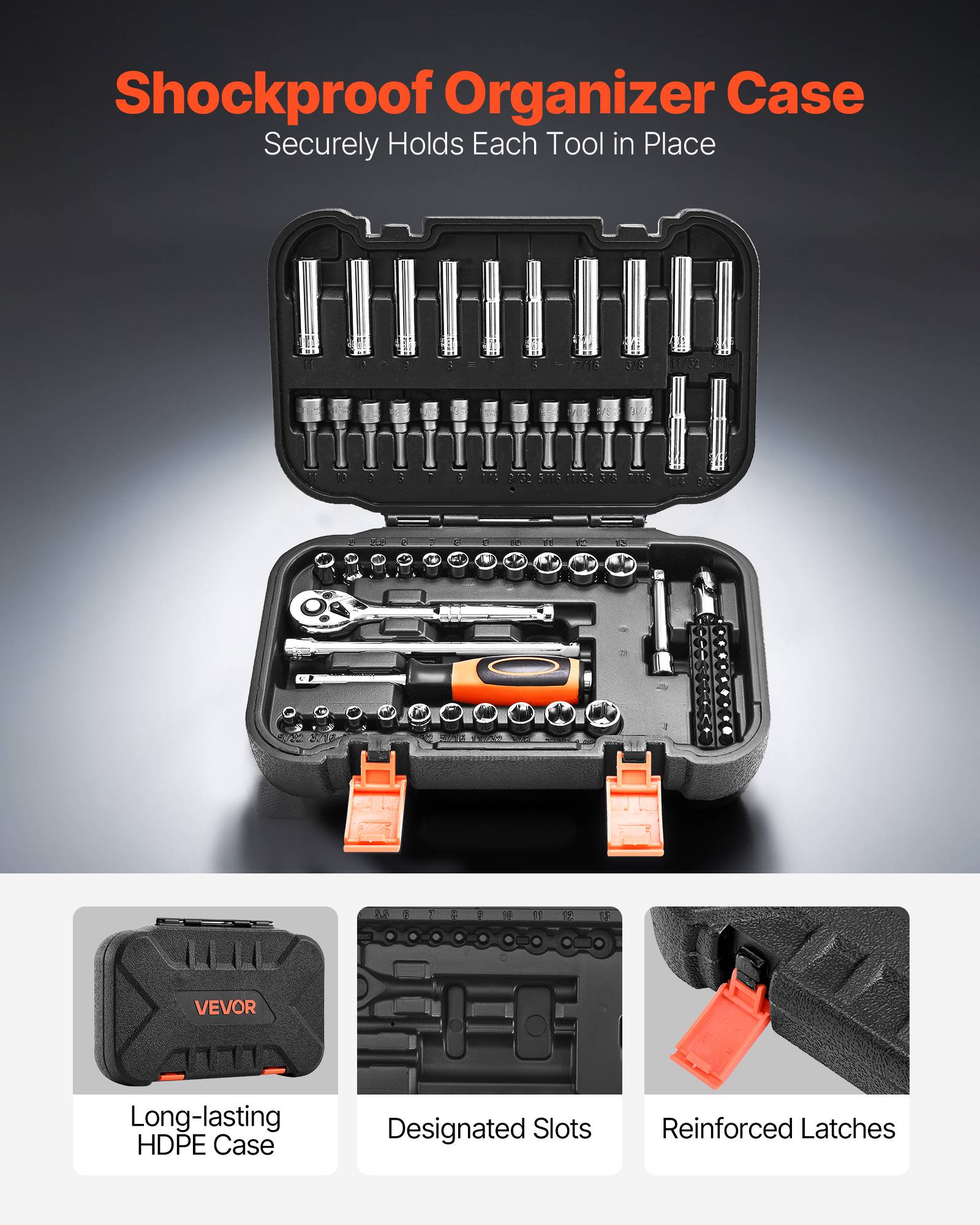 Vevor - VEVOR Jeu de douilles SAE et métriques 70 pcs, douilles profondes/peu profondes, clé à cliquet 1/4" en acier CR-V, coffret résistant. - Image 7