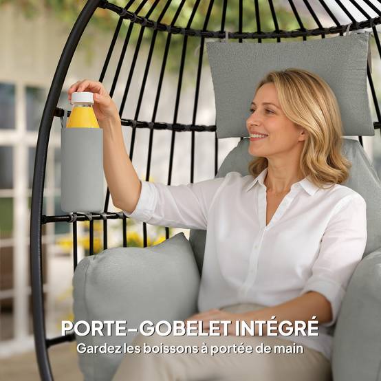 Fauteuil Œuf Suspendu Acier Balcon Pliable Coussin Moelleux Gris - ComfortXL Outdoor Living - Image 9