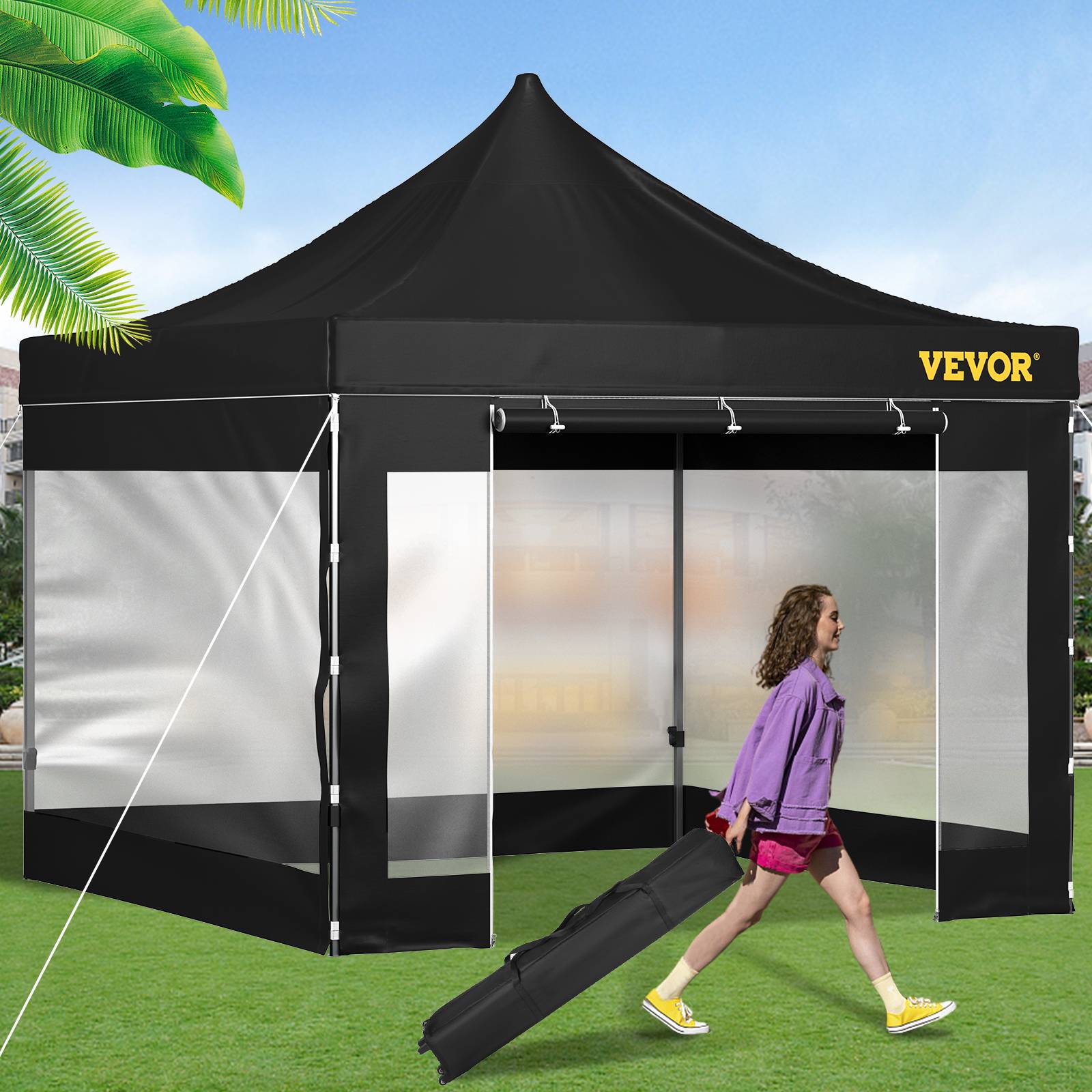 VEVOR Tonnelle imperméable 3x3m pop-up, parois latérales, résistante UV/pluie/neige, sac à roulettes, noir. - Image 8