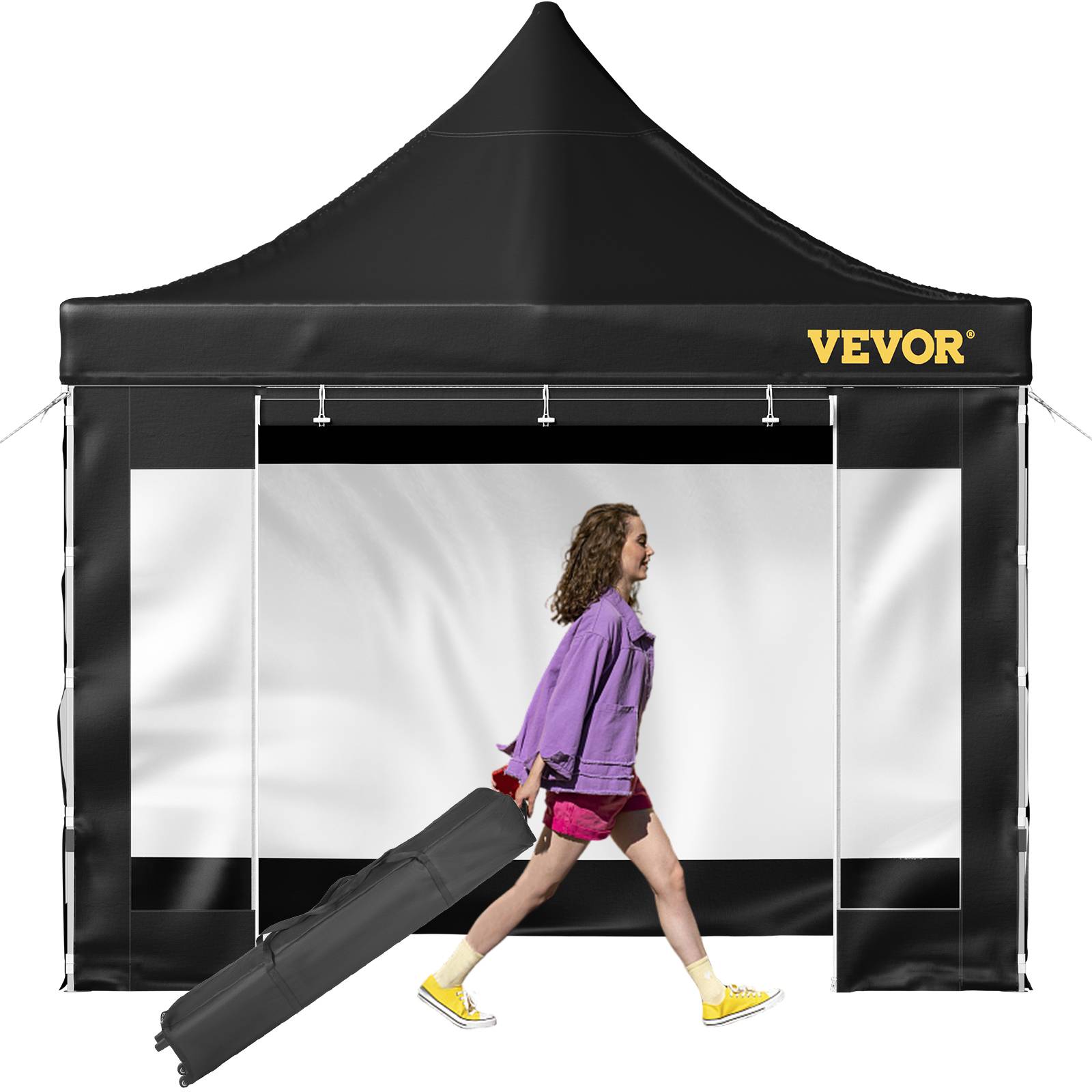 VEVOR Tonnelle imperméable 3x3m pop-up, parois latérales, résistante UV/pluie/neige, sac à roulettes, noir. - Image 1