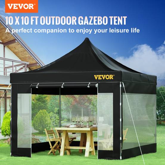 VEVOR Tonnelle imperméable 3x3m pop-up, parois latérales, résistante UV/pluie/neige, sac à roulettes, noir. - Image 2