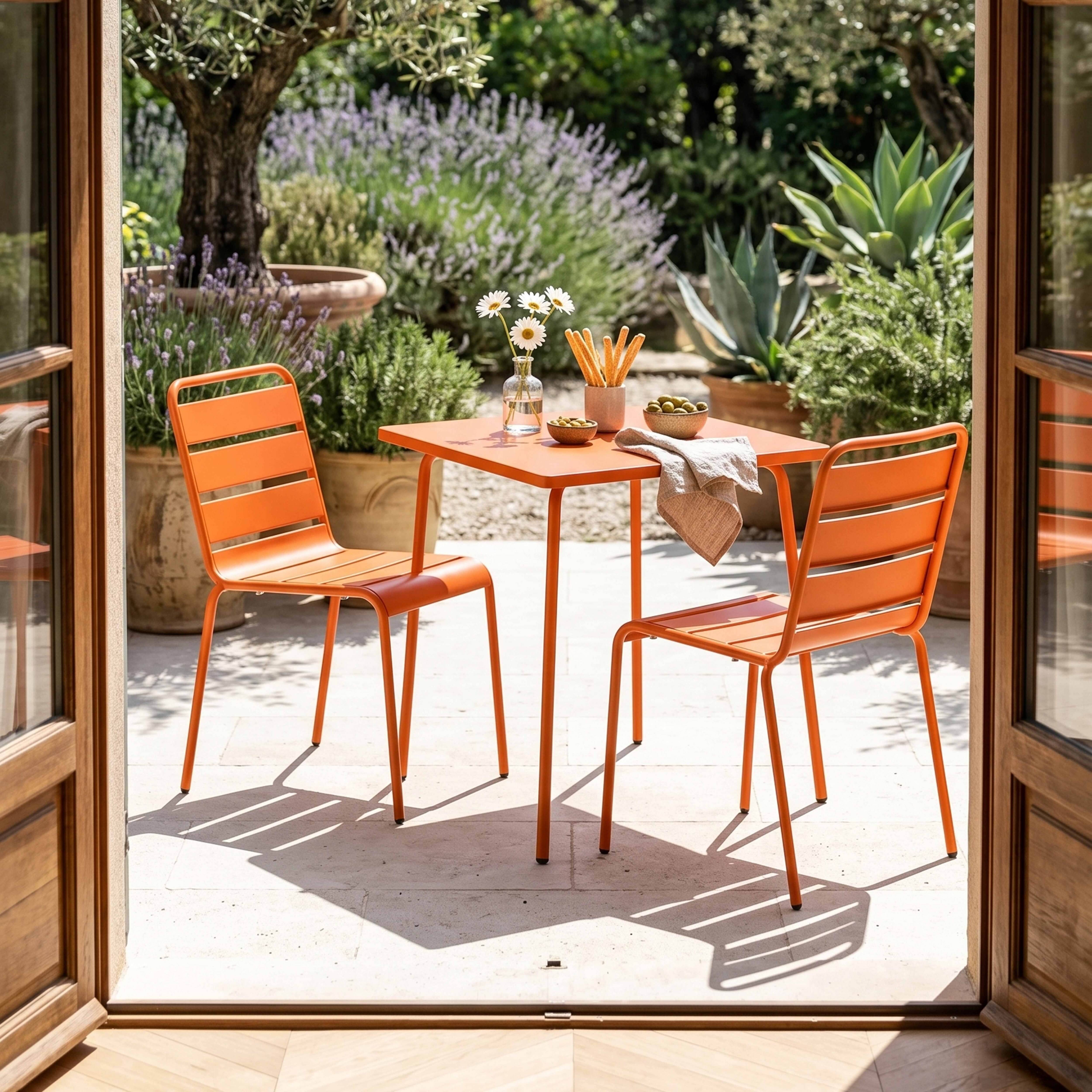 Oviala - Ensemble table de jardin carrée et 2 chaises acier orange Palavas - Oviala - Image 2