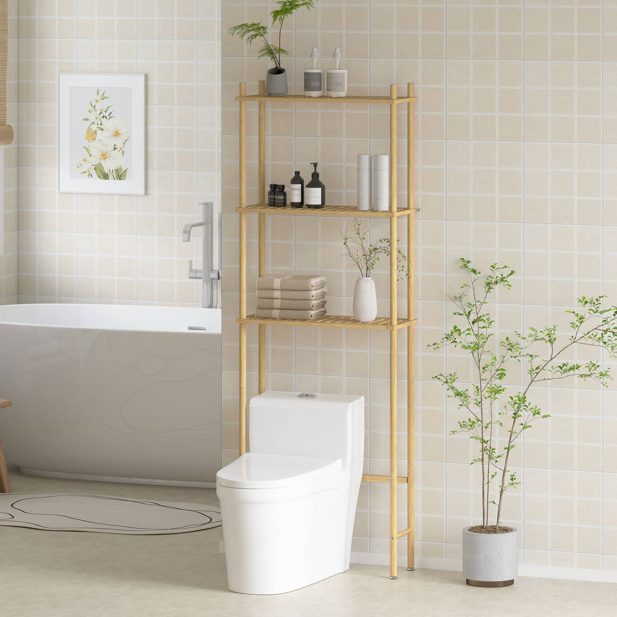 Sans Marque - Meuble WC 3 niveaux bambou lattes 63,5x25,5x181 cm couleur bois - Image 4