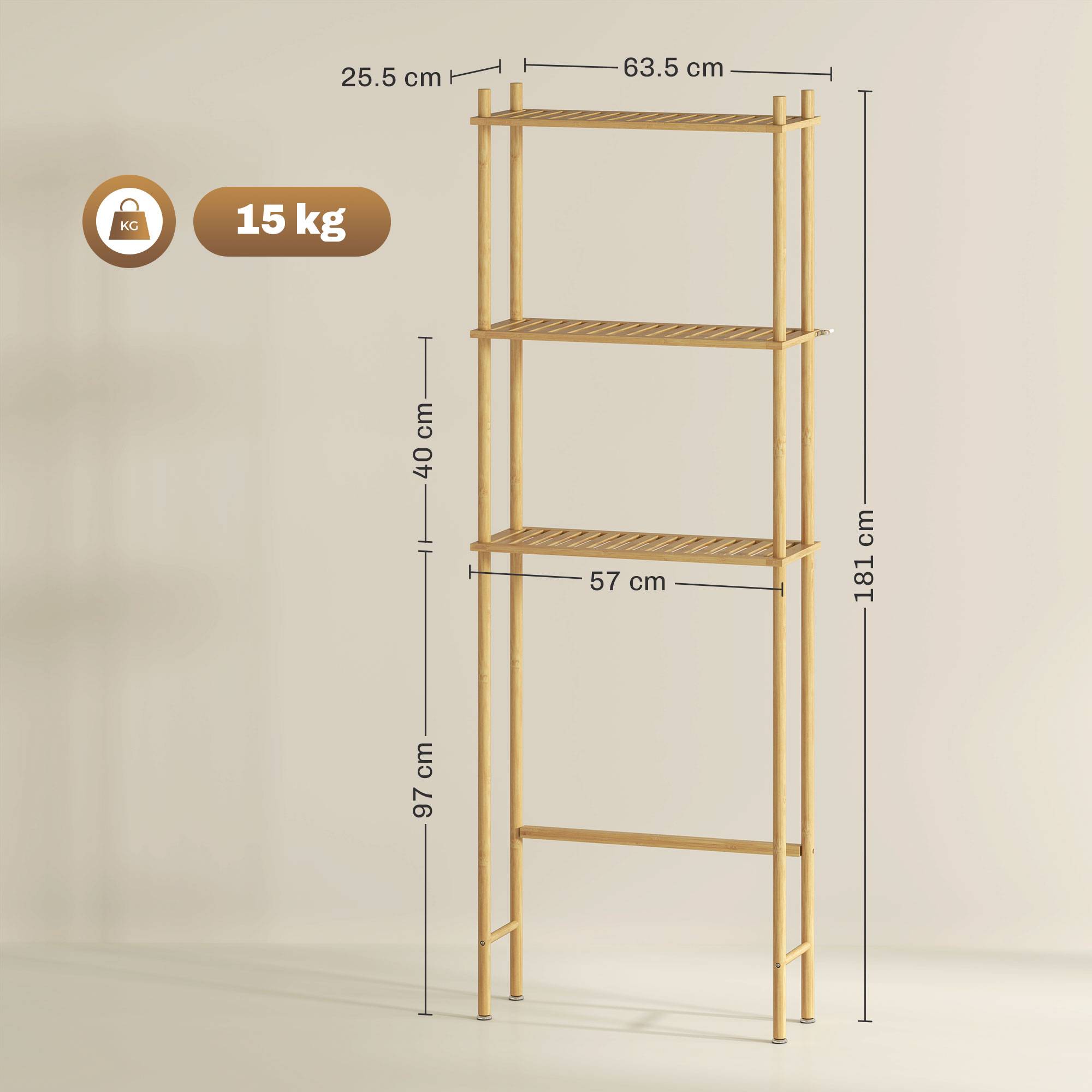 Sans Marque - Meuble WC 3 niveaux bambou lattes 63,5x25,5x181 cm couleur bois - Image 5