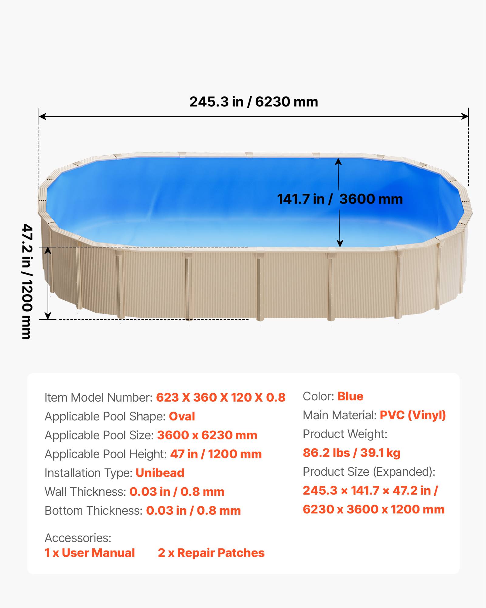 VEVOR Liner Piscine Hors-Sol Film Intérieur de Piscine Ovale 360x623x120 cm Bleu - Image 7