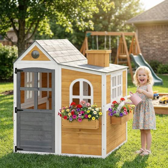 Cabane enfant extérieur en bois, maison enfant extérieure/intérieure avec porte, fenêtres, 3 bacs à fleurs, jaune - Image 3